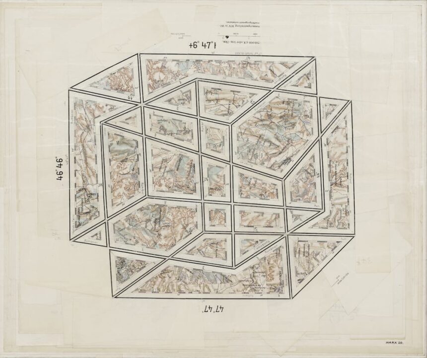 Image: Gerhard Marx, Two Things (II), 2020, Reconfigured Map fragments on Canvas, 34.7 x 416 cm