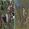 Left: Markus Lüpertz, "Mistelzweig (Mistletoe)", 2017 Mixed media on canvas in artist's frame, 39 1/4 x 32 inches Right: Pierre Puvis de Chavannes, "Baigneurs dans un sous-bois (Bathers Under Trees)", ca. 1890-91 Oil, pastel on canvas, 16 1/4 x 12 1/2 inches