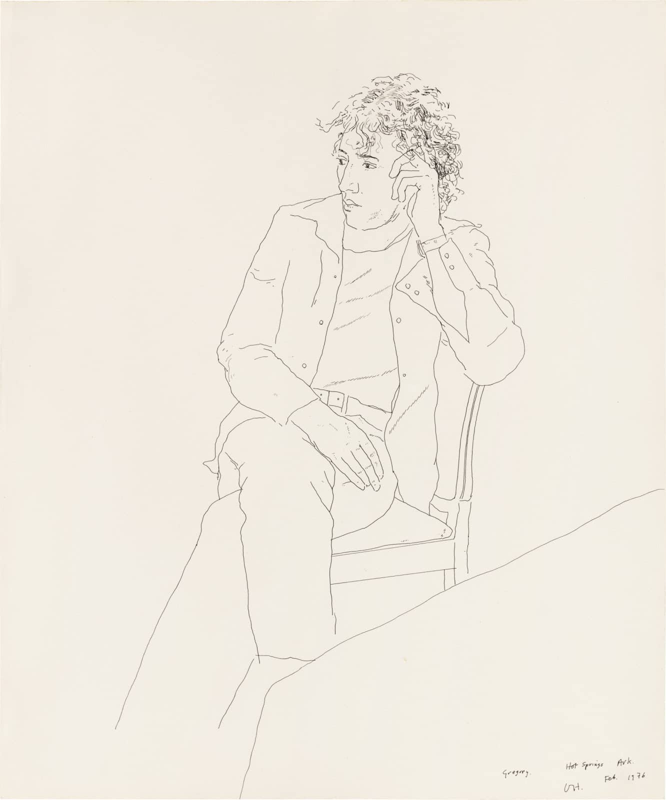 David Hockney, Gregory, Hot Springs Arkansas, 1976, ink on paper, 17 x 13 7/8 inches, 43.2 x 35.2 cm. © David Hockney Inquire