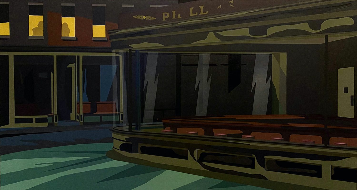 Michael Callas. Night Hawks. Spray Paint + Stencil on Canvas. 43 x 79.35 inches