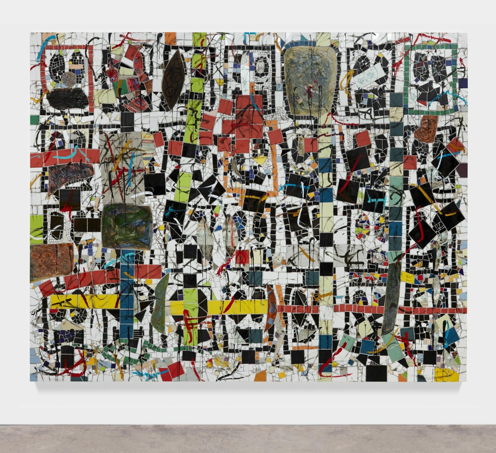 Rashid Johnson Untitled Broken Crowd 2021 Ceramic tile, mirror tile, branded red, oak, oyster shells, spray enamel, oil stick, black soap, wax 243.8 x 304.8 x 7.6 cm / 96 x 120 x 3 in ©? Rashid Johnson Courtesy the artist and Hauser & Wirth Photo: Martin Parsekian