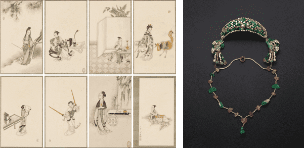 Gai Qi (1774-1829), Beauties. Estimate: HK$400,000-500,000 A Very Rare Jadeite, Pearl, Jadeite and Gemstone-Inset Headdress and Necklace Set, 19th Century. Estimate: HK$600,000-800,000