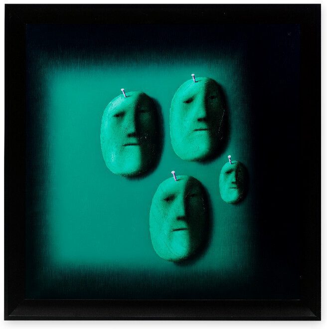 Oleg Tselkov (Russian, born 1934) Four masks in green. Estimate: £25,000 - 35,000.
