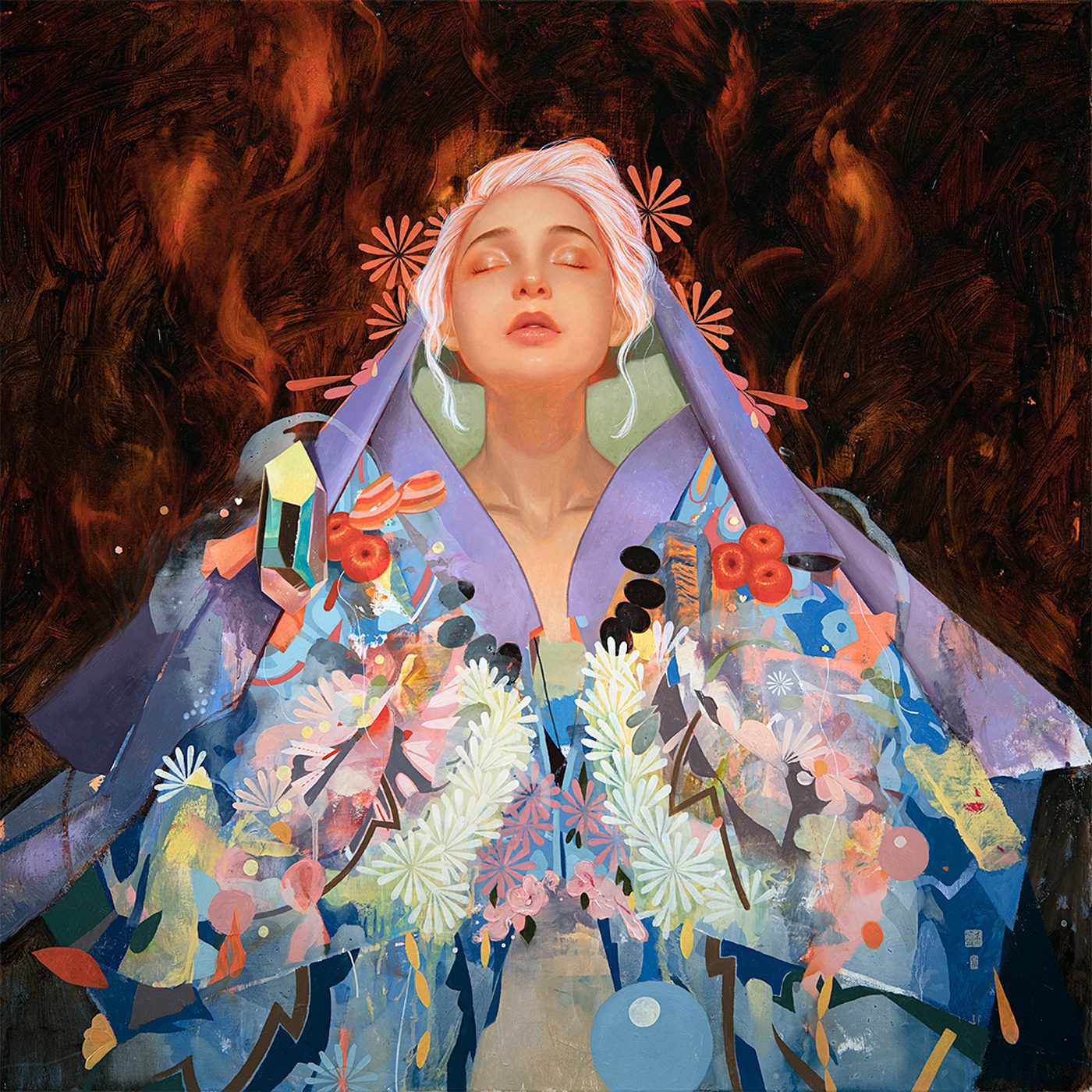 “Blue Fire” (oil and plastic on canvas, 30” x 30”)