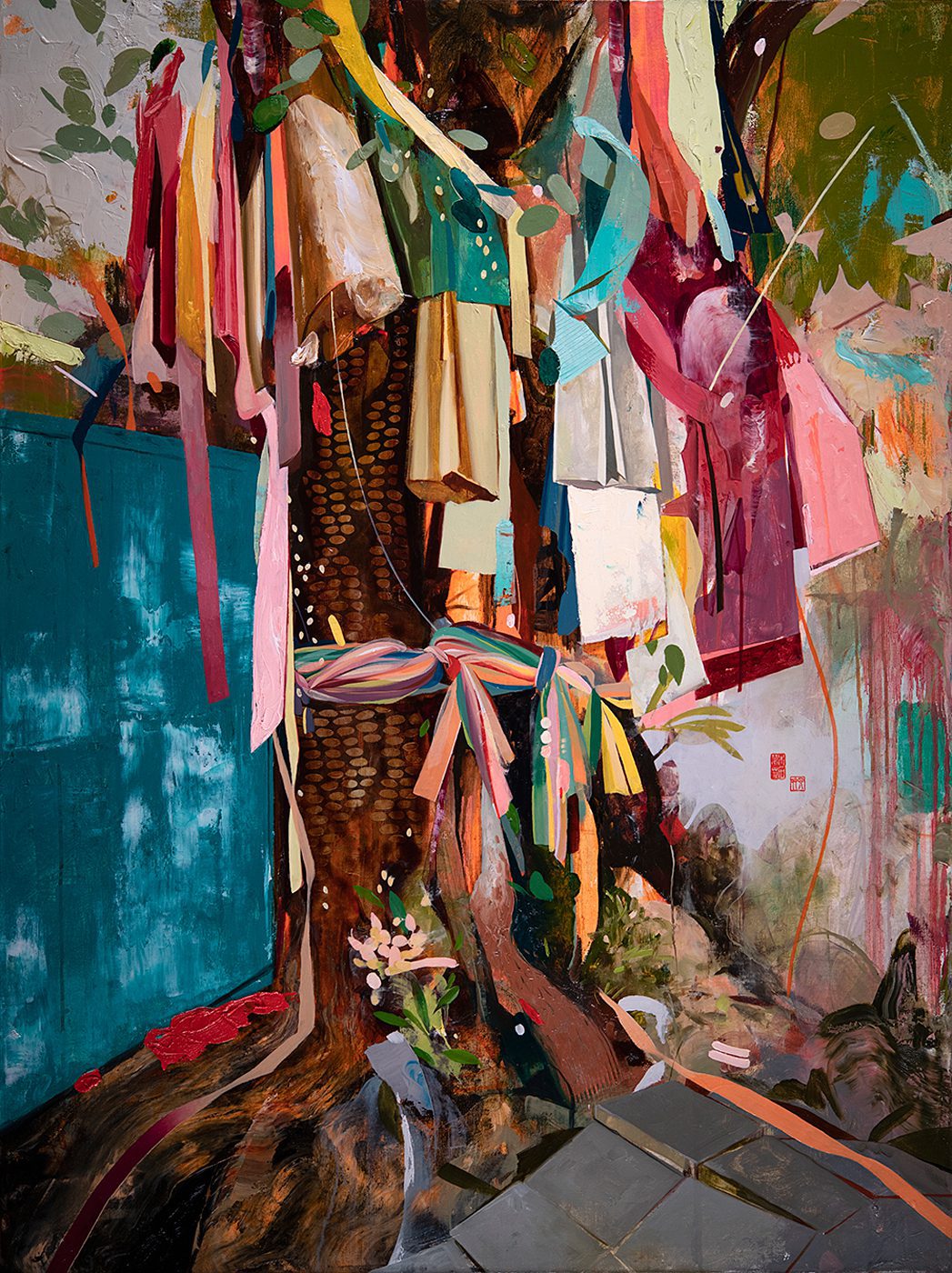 Soey Milk_Sathon Spirit Tree_Oil, cello sheets and gold leaf on canvas_40 x 30