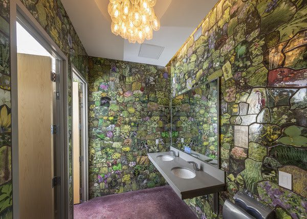 Detail of Beth Lipman's Wild Madder washroom installation at the Art Preserve, 2021. Photo courtesy of John Michael Kohler Arts Center.