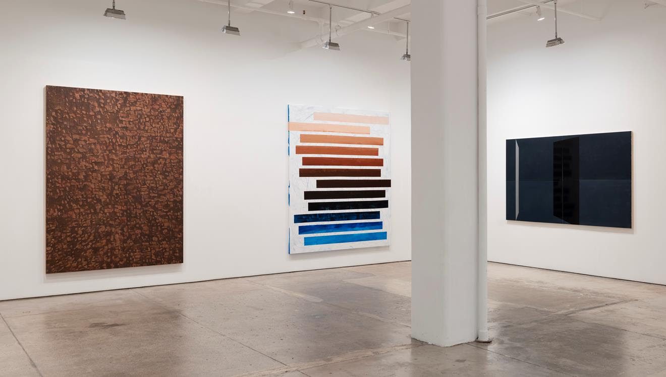 Installation view, works by McArthur Binion, Tariku Shiferaw, and Kate Shepherd.
