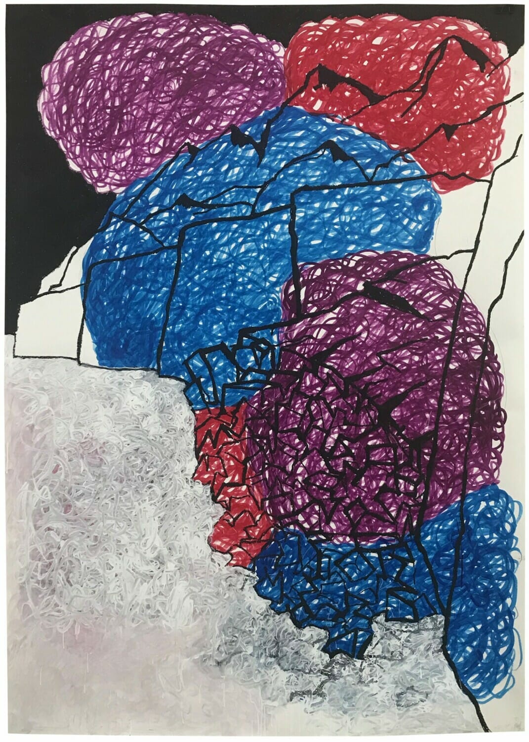 Bill Woodrow and Richard Deacon, RIVER DEEP (2019).  Ink, oil stick, paint, paper. 210 x 150 cms. Courtesy the artists.