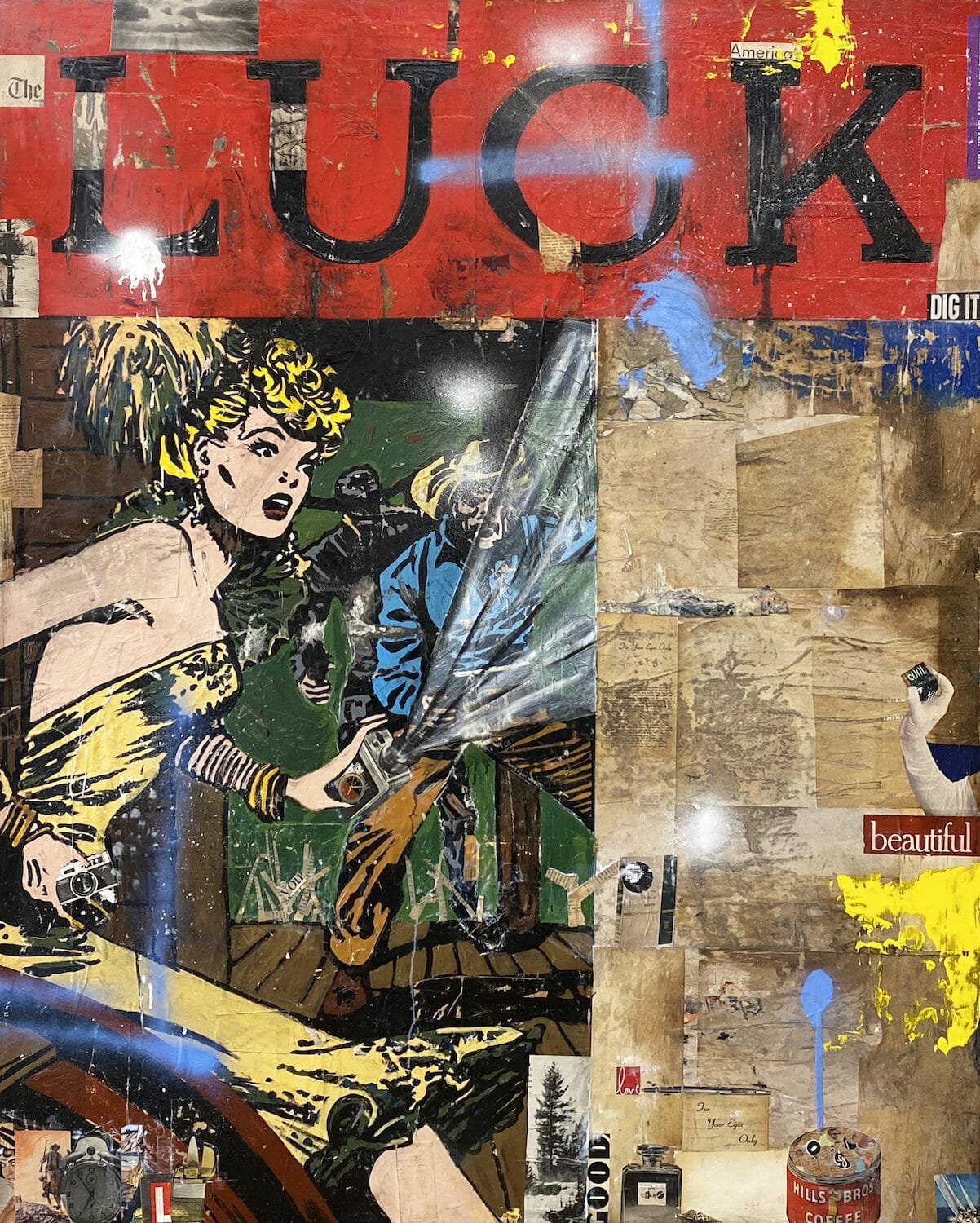 GREG MILLER Luck Acrylic, Collage, Gloss Varnish on Panel 60 x 48 inches