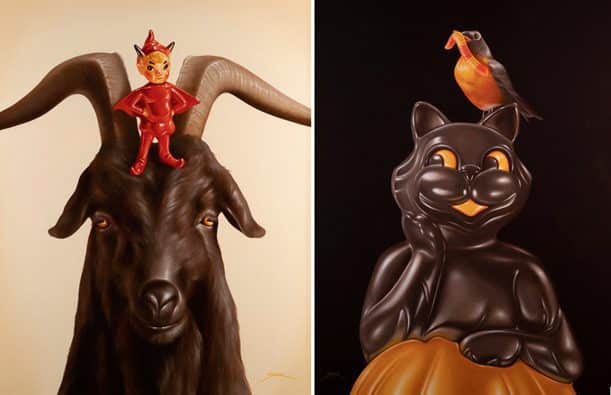 “Black Phillip” (oil on wood, 20” x 16”) and “That Familiar Feeling” (oil on wood, 24” x 18”)
