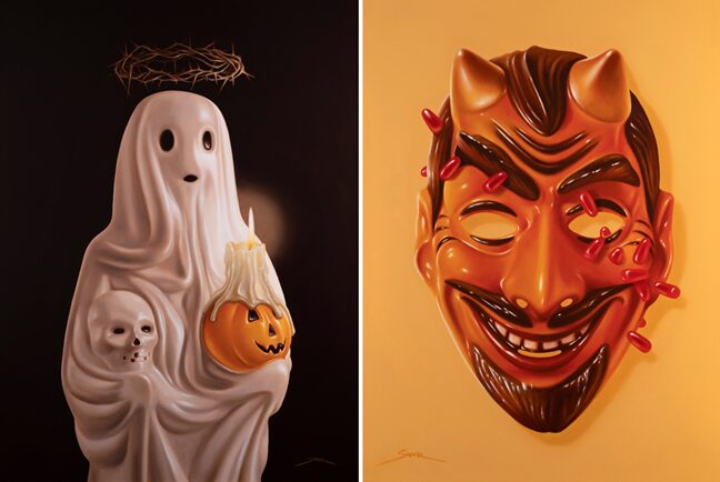 Bennett Slater. “Ghost at the Feast” (oil on wood, 24” x 18”) and “Hot Tamales” (oil on wood, 16” x 12”)