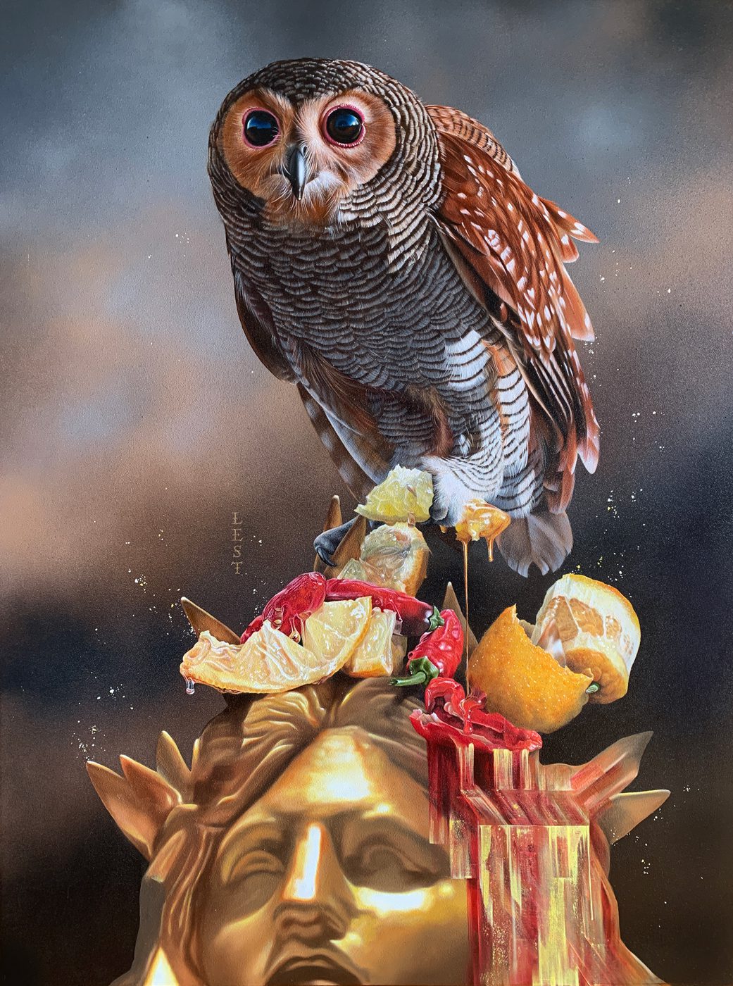 Josie Morway. “Master Cleanse” (oil and enamel on wood, 40” x 30”)