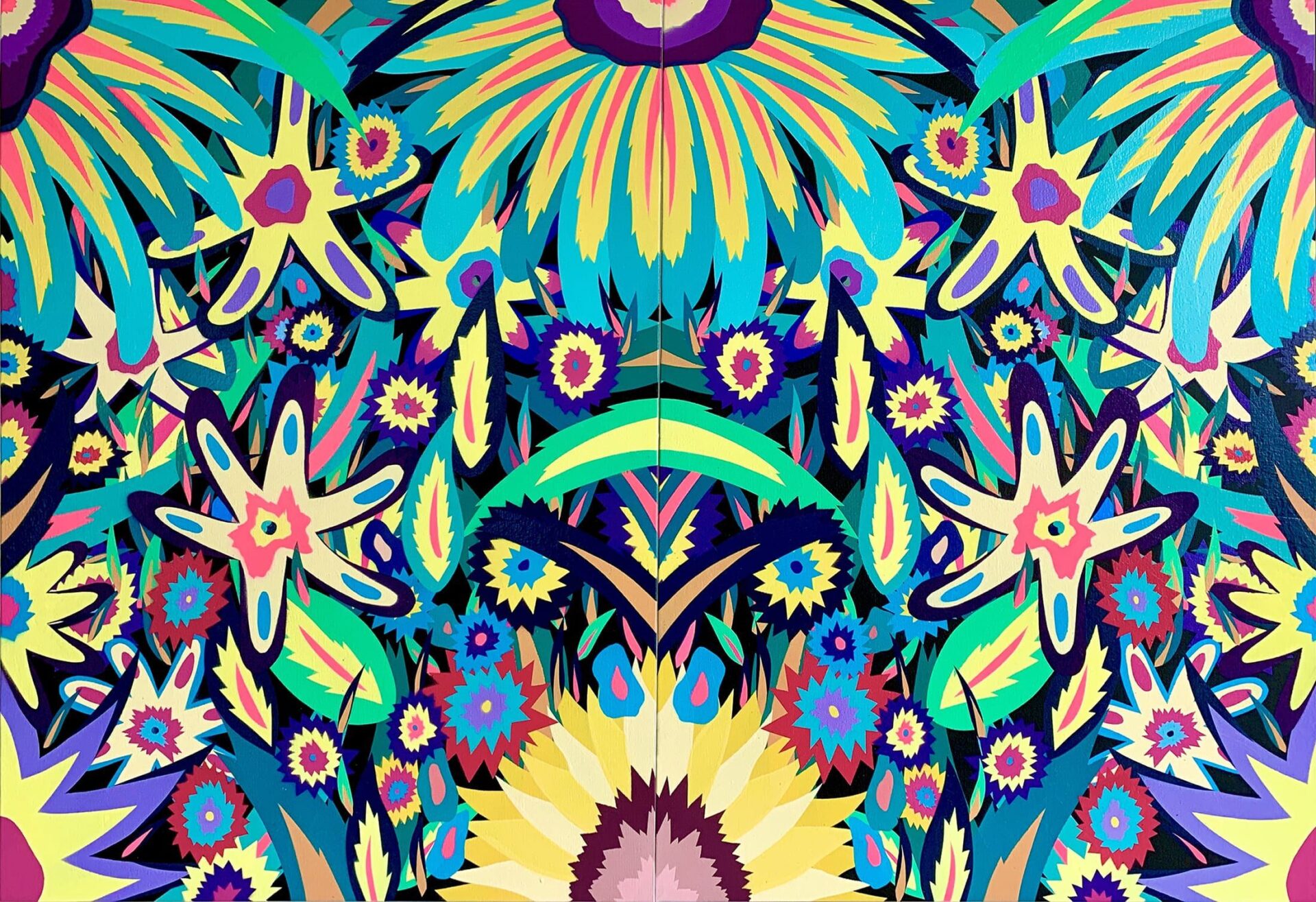 MICHAEL CALLAS Neon Flowers, Diptych (Glow in the Dark) Spray Paint + Stencil on Canvas 30 x 44 inches