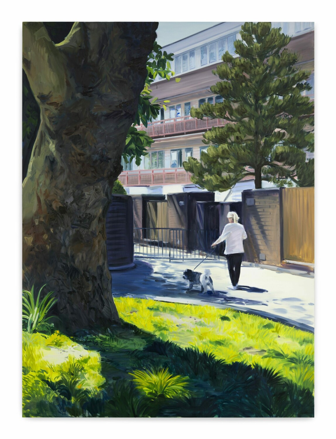 Caroline Walker, 'Lyn walking Teddy', 2021. Oil on linen, 245 x 180cm (96 1/2 x 70 7/8in). Copyright Caroline Walker. Courtesy the artist and Stephen Friedman Gallery, London. Photo by Peter Mallet.