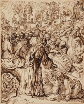 Rembrandt School (Dutch, 17th Century), The Angel Saves Lot and His Family, c. 1660. Pen and brown ink on buff paper, red chalk framing lines. 159 x 129 mm.