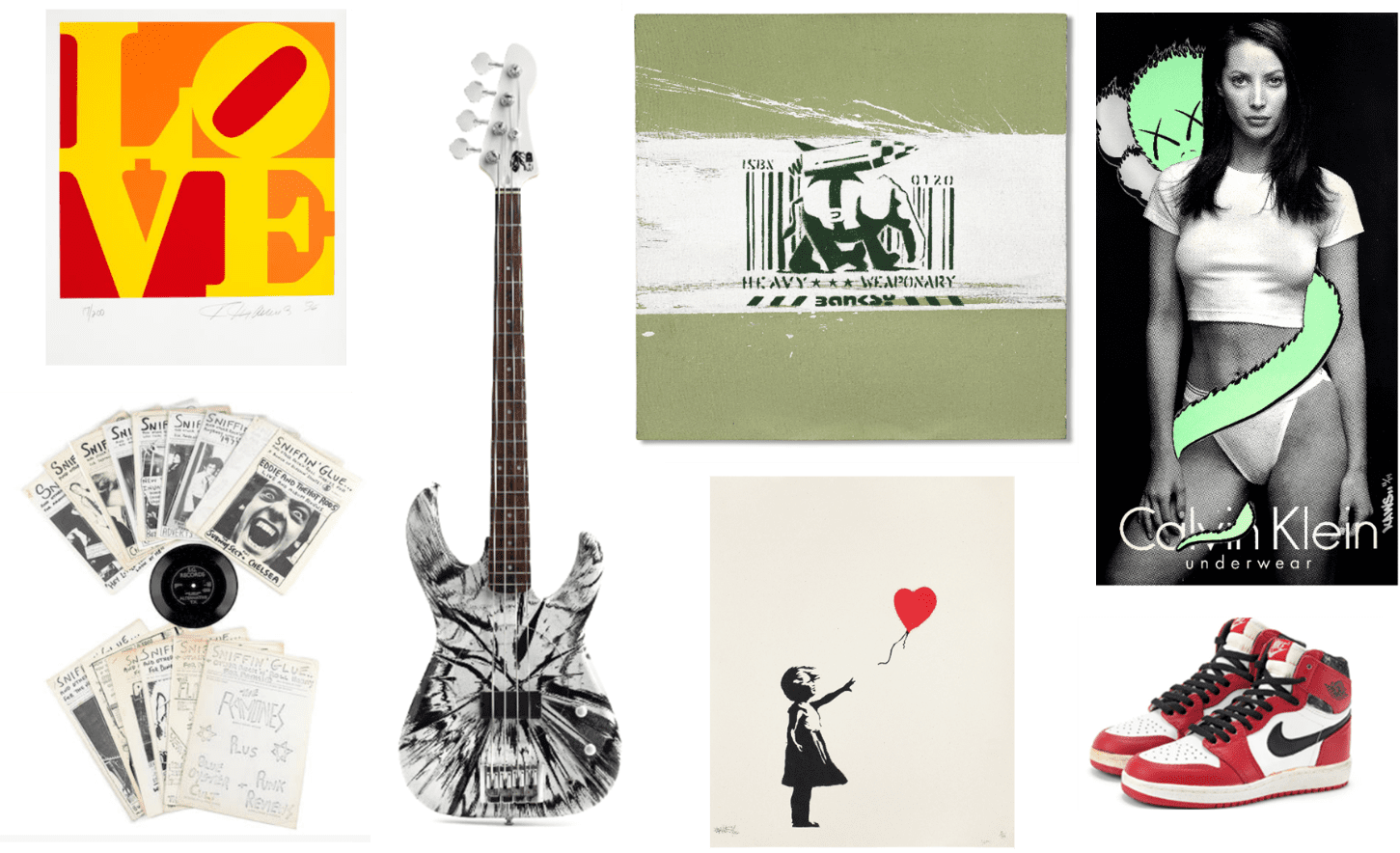 Top left to right: Robert Indiana (1928-2018), The Book of Love, 1996. Estimate: £90,000 - 120,000. Banksy (born 1975), Heavy weaponry, 2000. Estimate: £250,000 - 350,000. KAWS (American, born 1974), Untitled (Calvin Klein), 1999. Estimate: £80,000 - 120,000. Bottom left to right: Sniffin' Glue, A Complete Set of the Seminal Punk Fanzine, Vols. 1-12, 1976-1977. Estimate: £10,000 - 12,000. Red Hot Chili Peppers / Damien Hirst, A Custom-made 'flea' Spin Bass Guitar, 2011. Estimate: £12,000 - 15,000. Banksy, (Born 1975), Girl with Balloon, 2004. Estimate: £120,000 - 180,000. Nike Sky Jordan 1, Sky Jordan 1, 1985. UK 3. Estimate: £14,000 - 16,000.