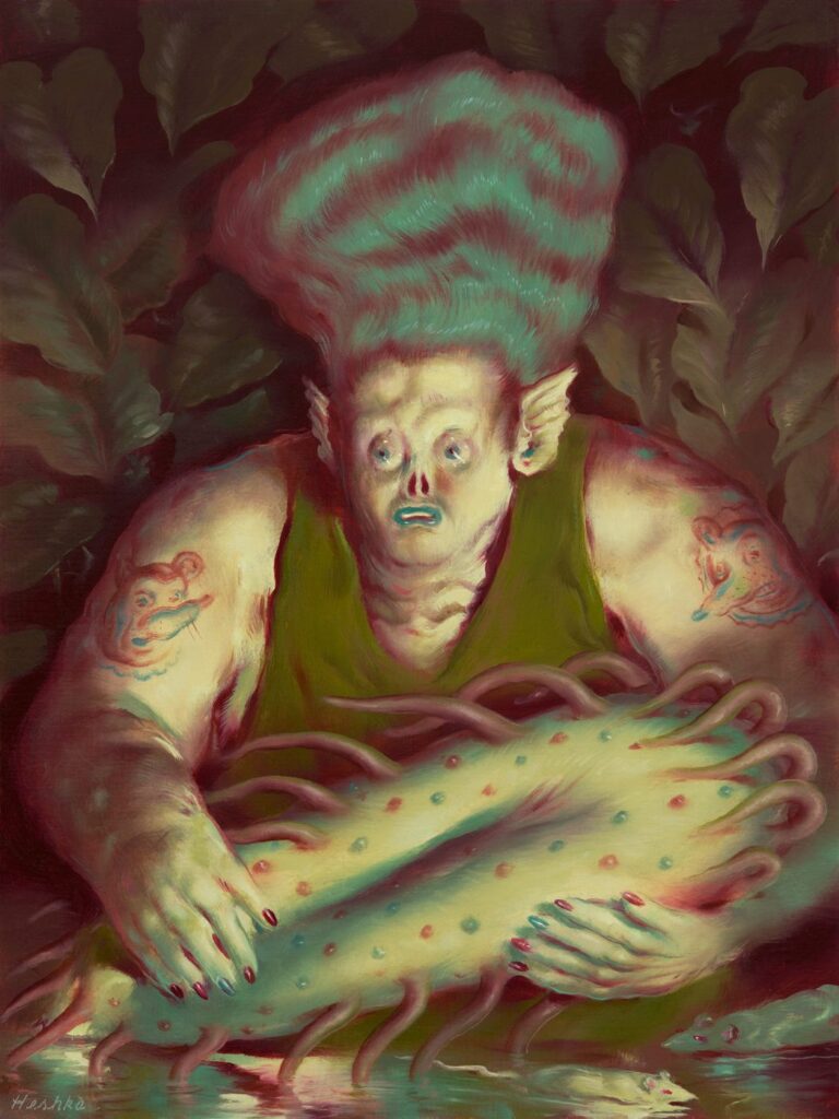 Ryan Heshka. "Vermination" (oil on cradled wood panel, 12” x 9”)