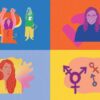 Four different colourful illustrations appear in a grid. The first illustration depicts several women – one is playing piano, one is dancing and the third woman is reading poetry; the second illustration is of a woman in her fifties with glasses and medium length hair; the third illustration is of a woman in her thirties with long wavy hair; and the last illustration is of various gender symbols. Illustrator credit: Jessica Johnson, Nungala Creative