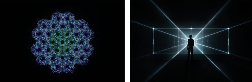 All images courtesy of the artists. Photos © Noor Riyadh 2022, a Riyadh Art program. 
Images  L – R: Zarah Hussain, Numina, 2022; UVA (United Visual Artists), Vanishing Point 3:1, 2019.