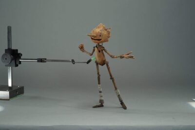 Mackinnon & Saunders. Pinocchio Production Puppets with rigging, 2019-2020. 3D printed resin, 3D printed steel, steel, silicone, fabric, paint. 4 x 3 x 9.5″ (10.2 x  7.6 x 24.1 cm). Guillermo del Toro’s Pinocchio, 2022. Image courtesy Netflix