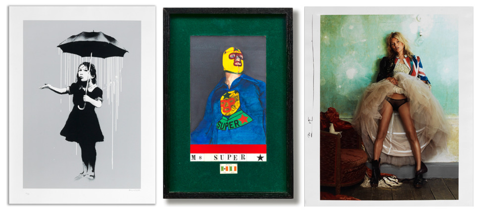 Banksy (born 1974), Nola (White), 2008. Estimate: £70,000 - 100,000. Sir Peter Blake R.A. (British, born 1932), Ms Super, 1987. Estimate: £25,000 - 35,000. Mario Testino (Peruvian/Italian, born 1954), Kate Moss, Exposed, 2008. Estimate: £6,000 - 8,000.